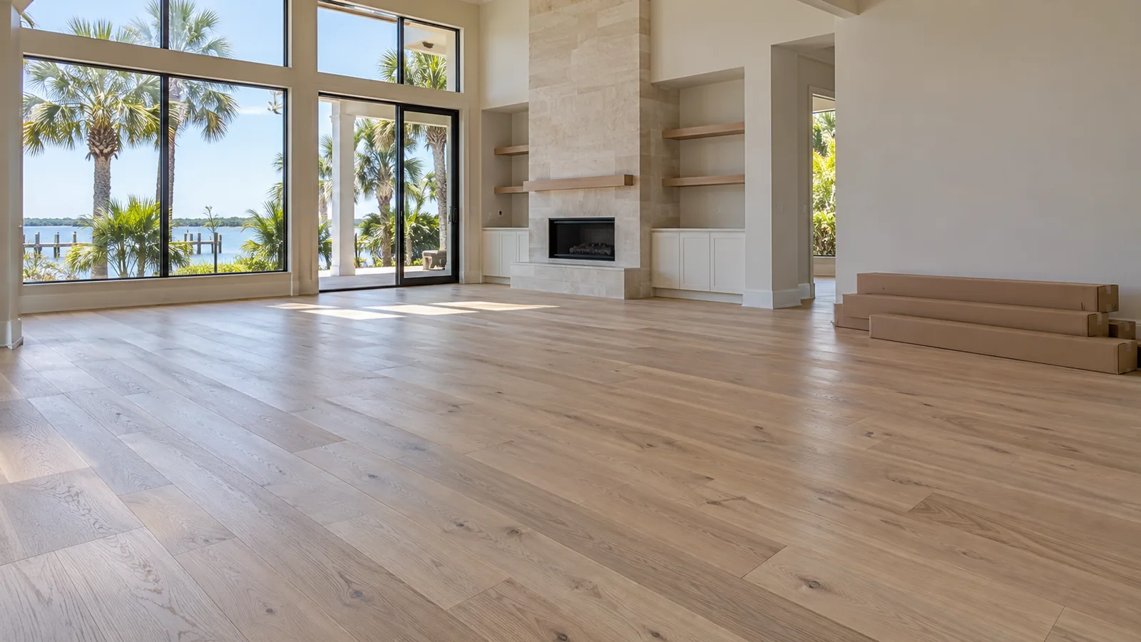 Wide light oak engineered hardwood planks laid in an open living room with tall windows facing the water