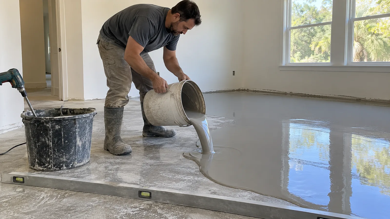 Installer pouring self leveling compound over a ground concrete slab before new flooring