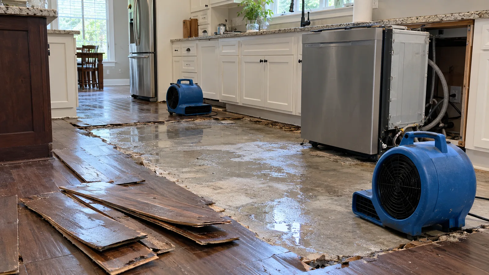Water damaged wood look floor boards pulled up in a kitchen while air movers dry the slab after a dishwasher leak